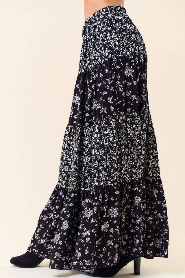 MIXED MEDIA TIERED MAXI SKIRT WITH POCKETS