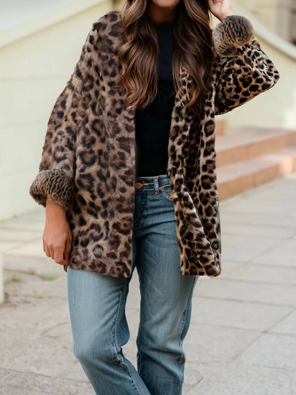 Leopard Open Casual Cardigan: Brown