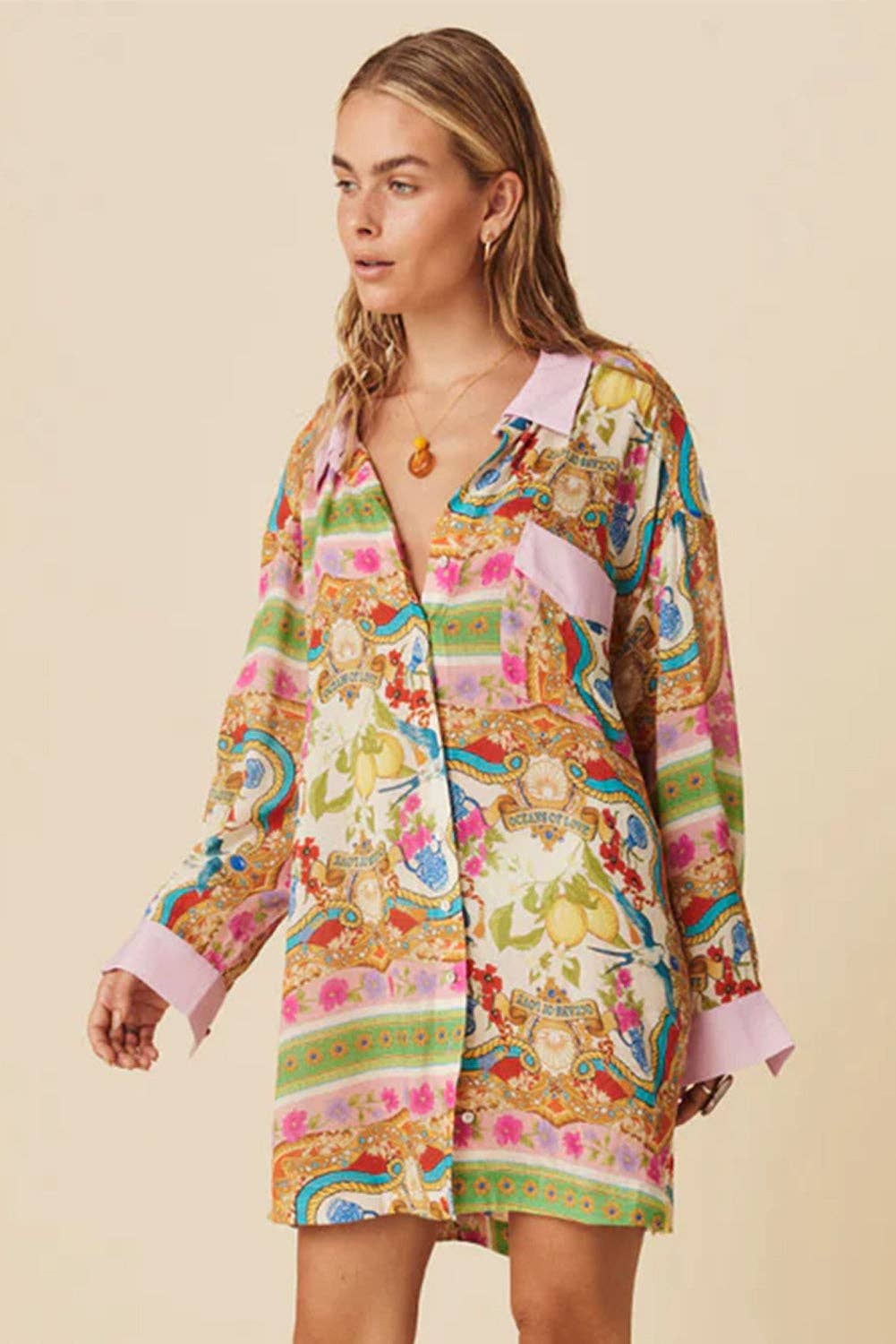 Multicolor Abstract Print Button Down Long Sleeve Dress