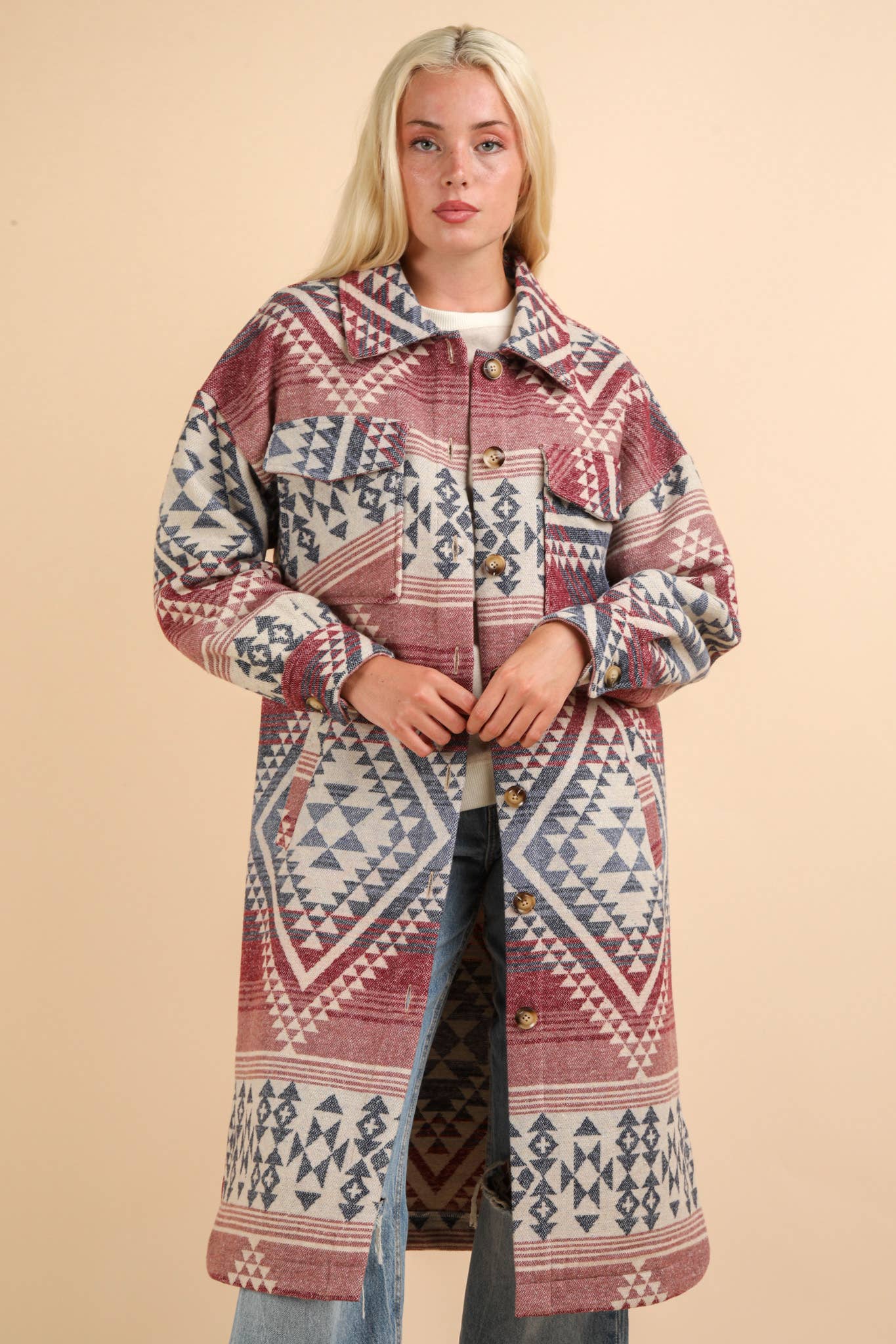 Aztec & Plaid Printed Shacket Jacket Coat: PLUM MIX