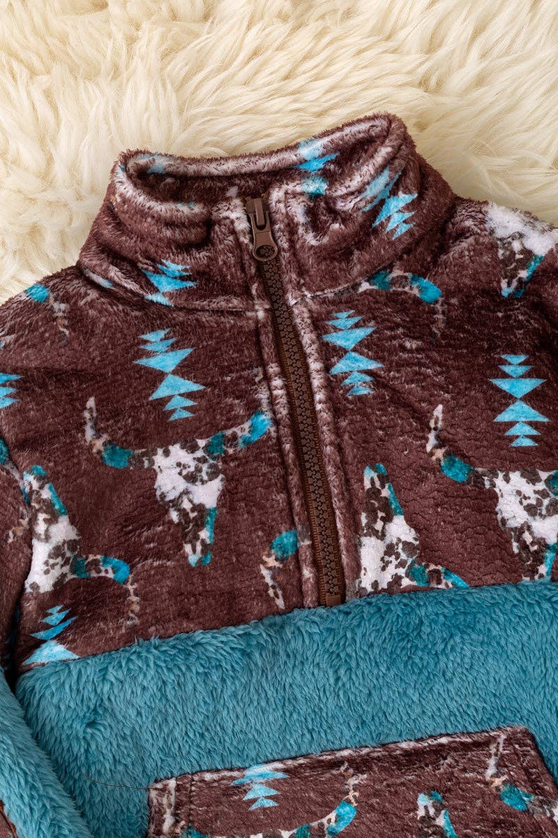 Sherpa & fleece aztec printed on teal pullover. (WESTERN) TPB50690
