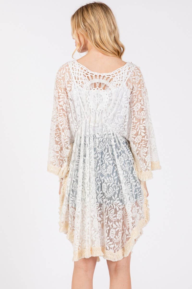 Sheer Floral Lace Tassel Trim Cover Up: WHITE
