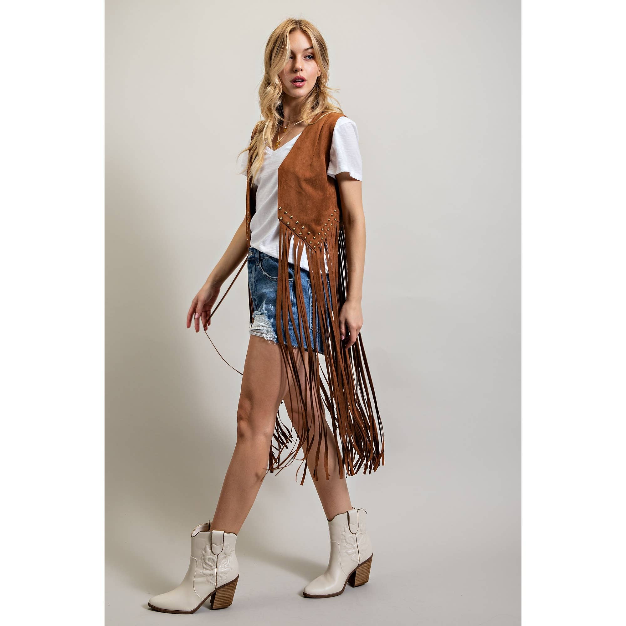SUEDE STUDDED DETAIL FRINGE HEM VEST