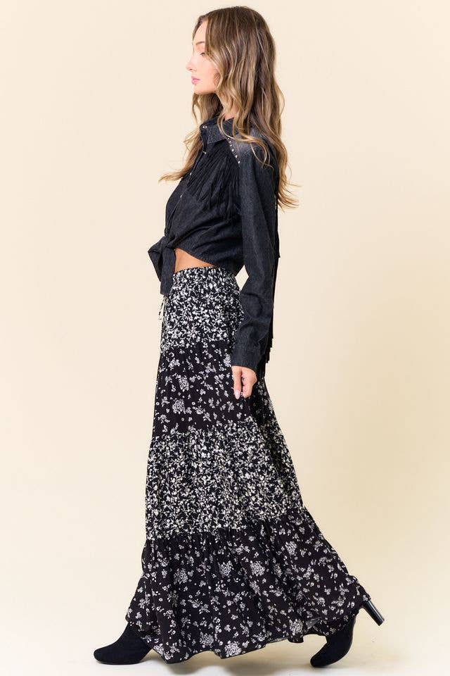 MIXED MEDIA TIERED MAXI SKIRT WITH POCKETS