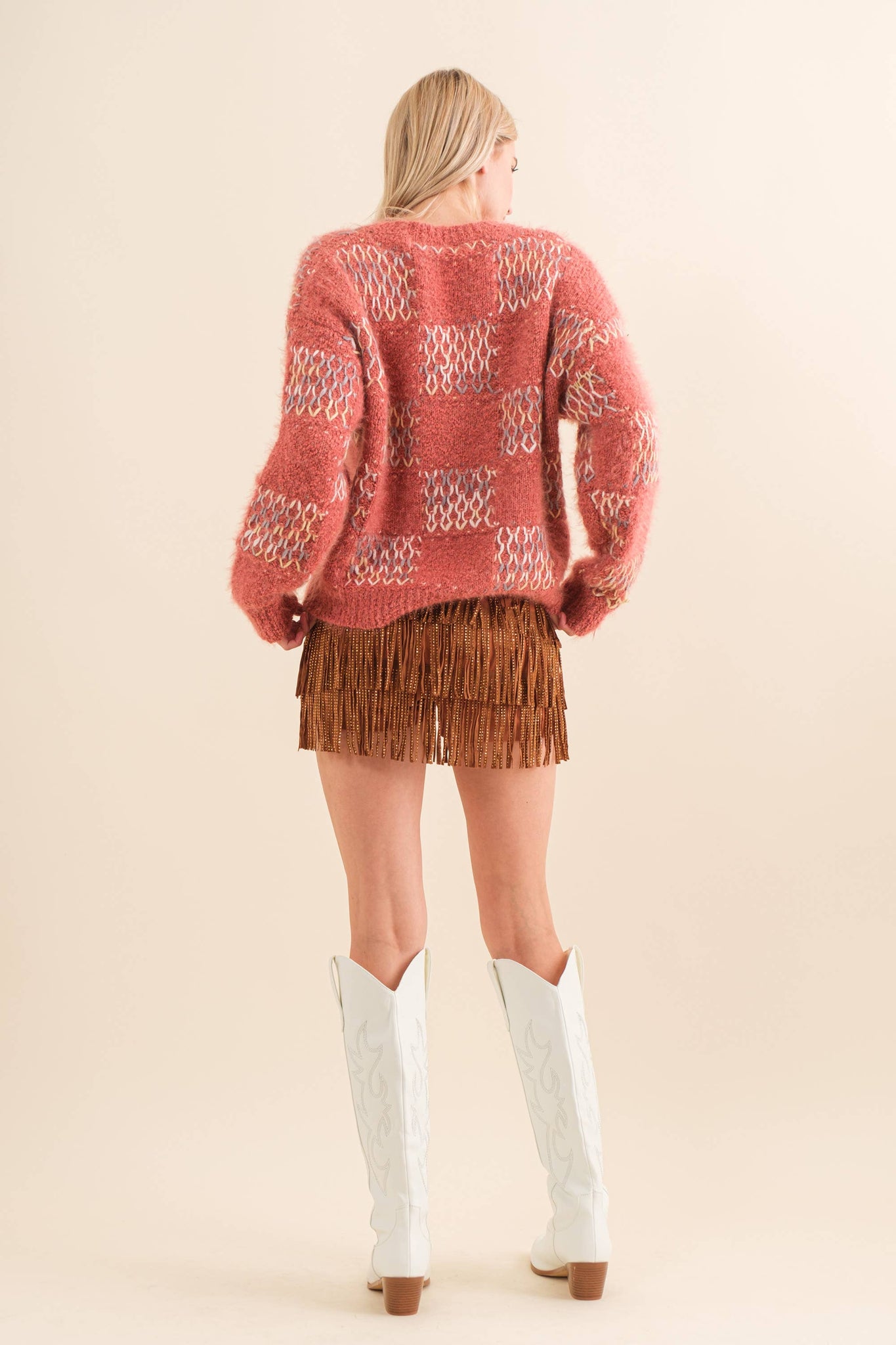 32933P - Wide Faux Leather Waist Tiered Fringe Studded Short: BROWN