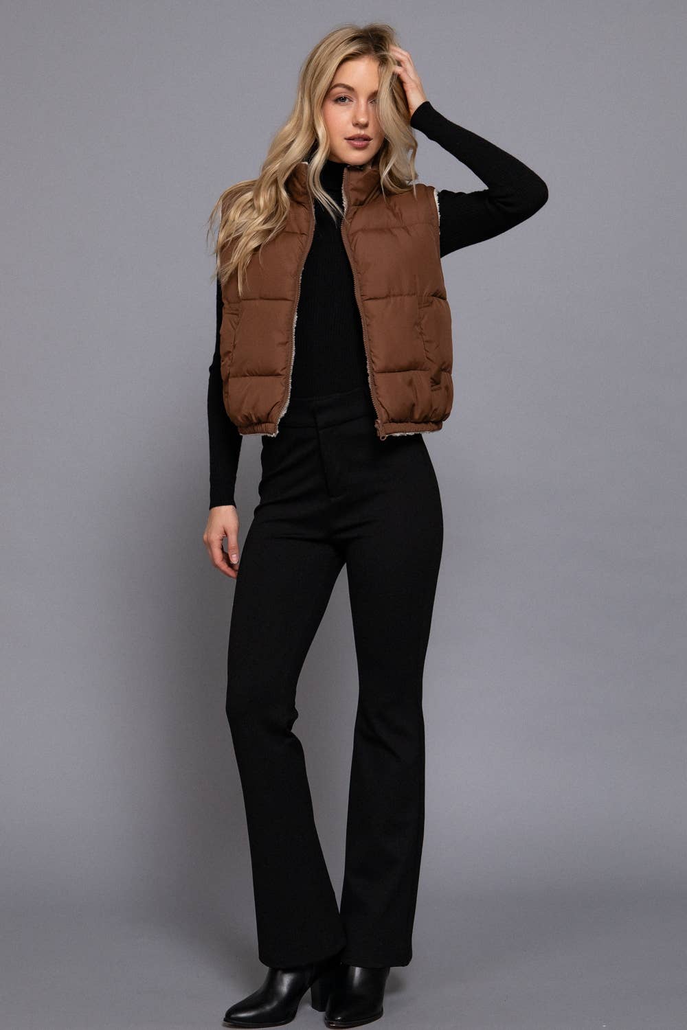 Reversible Fur Padding Vest: BRN-brown