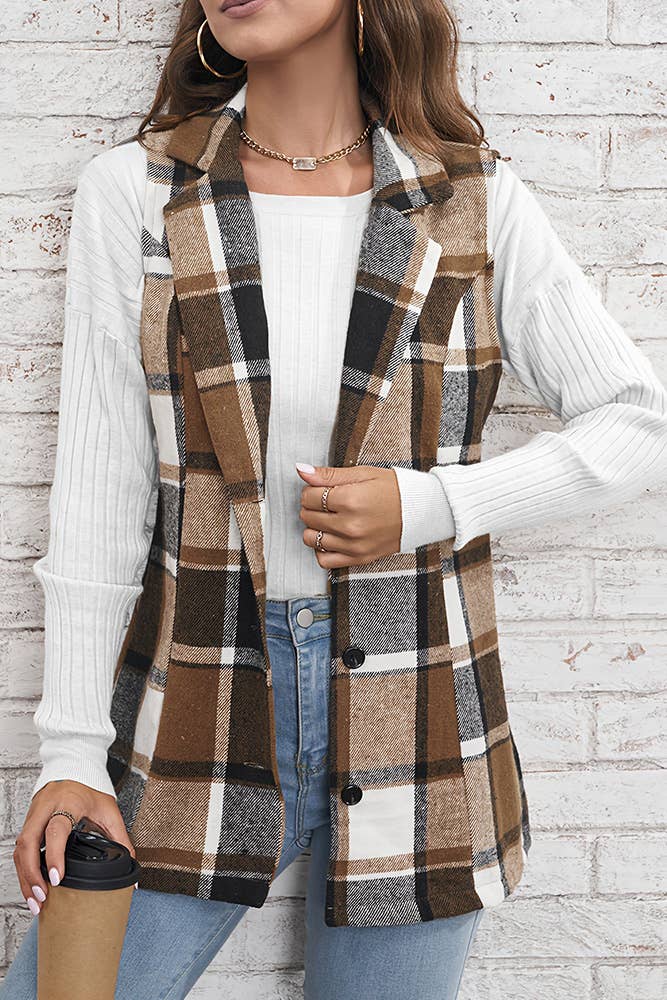 Brown Plaid Lapelle Collar Button Up Vest Coat