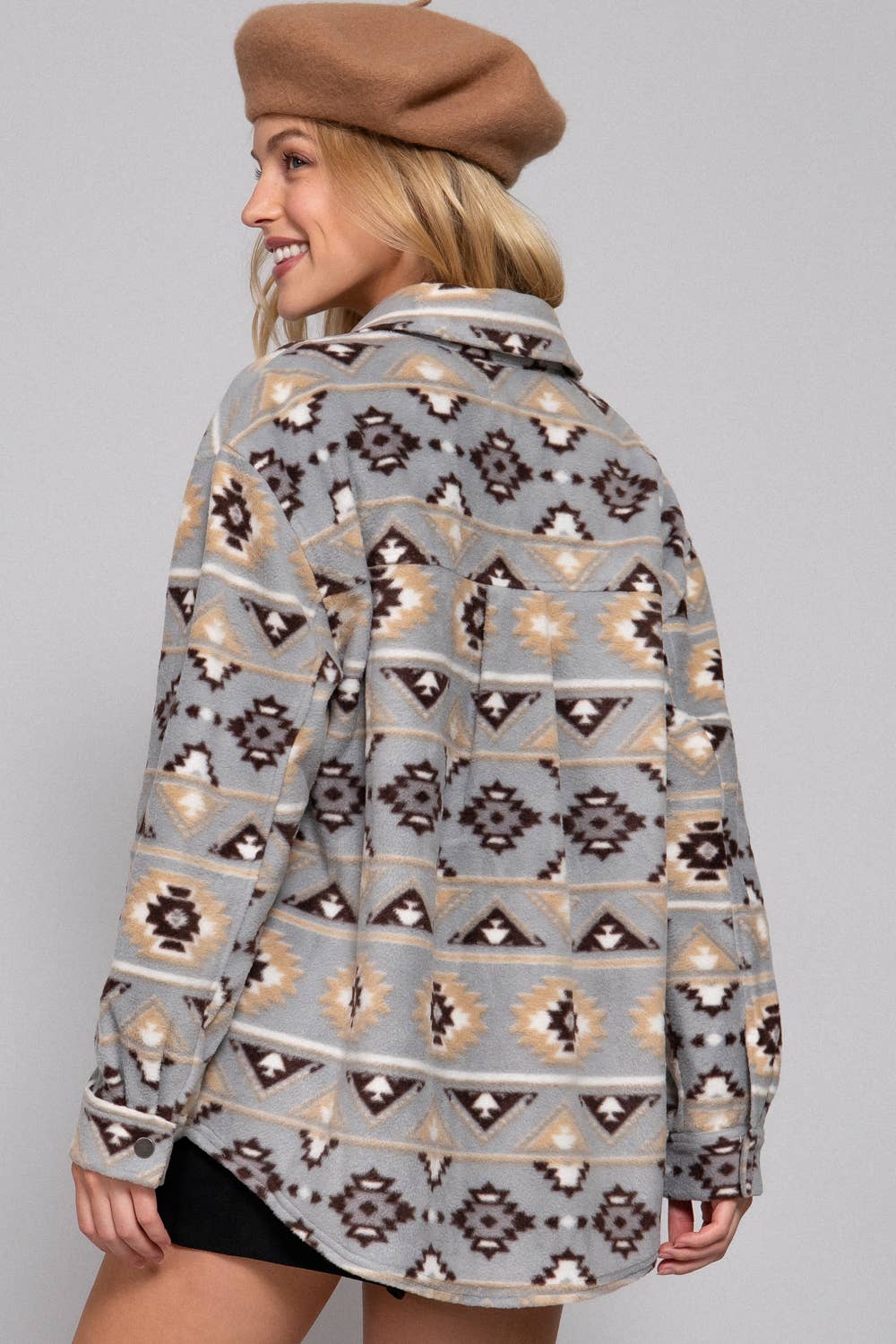 Long Sleeve Printed Fleece Shacket: GRY-grey/taupe