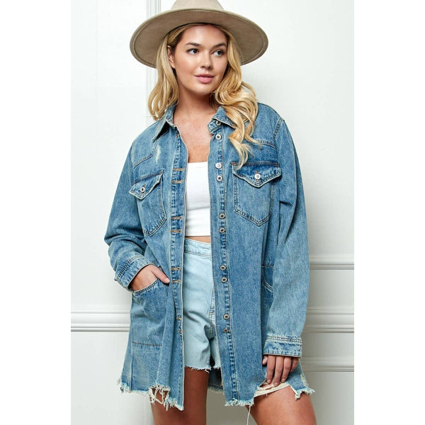 Plus Size Medium Washed Denim Shirts Jacket: Med Wash