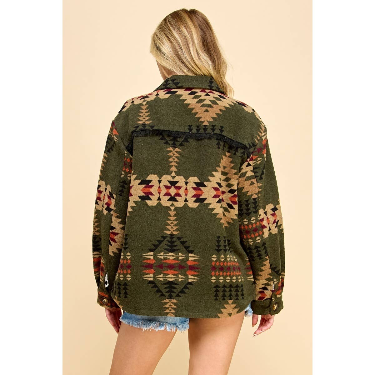 VJ71485 - Aztec Print Shacket : Olive Combo