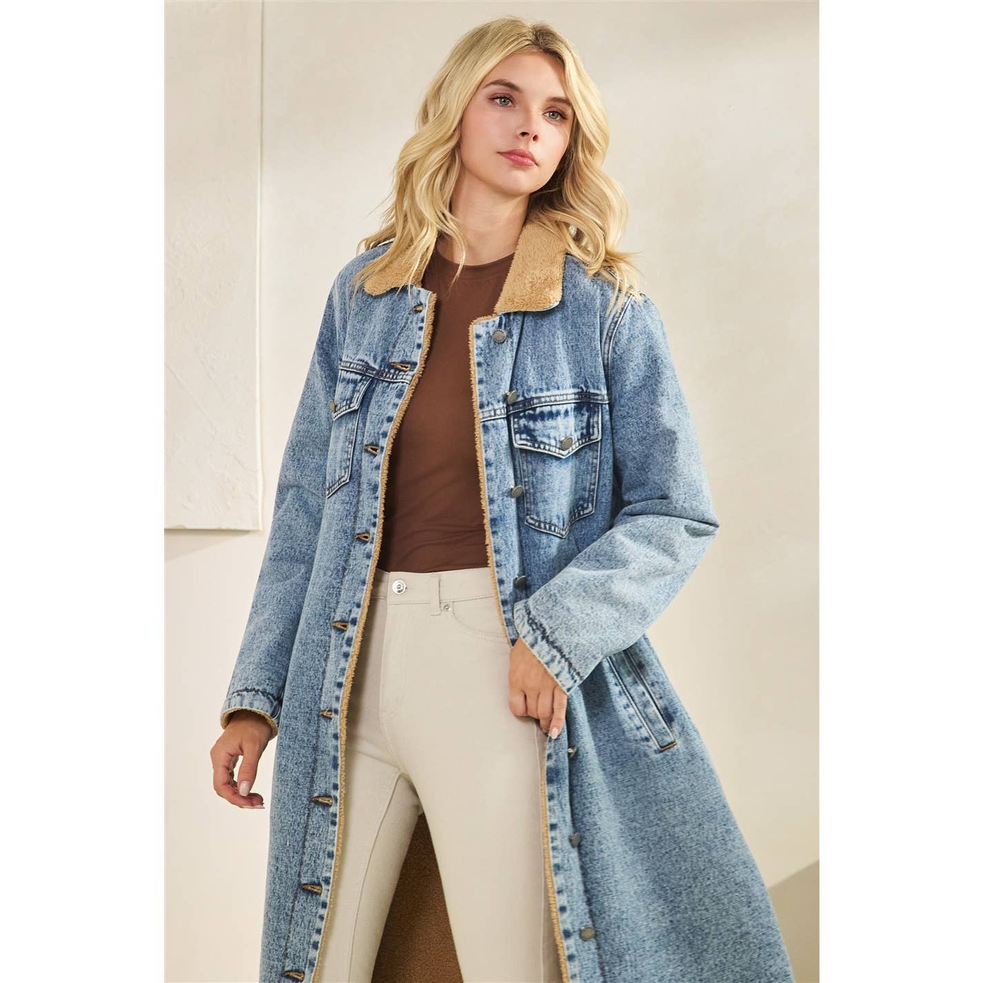 Teddy Lined Long Denim Jacket: Med Wash