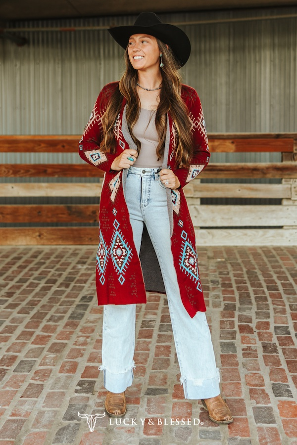 Plus Size Wine Aztec Long Sleeve Knitted Cardigan