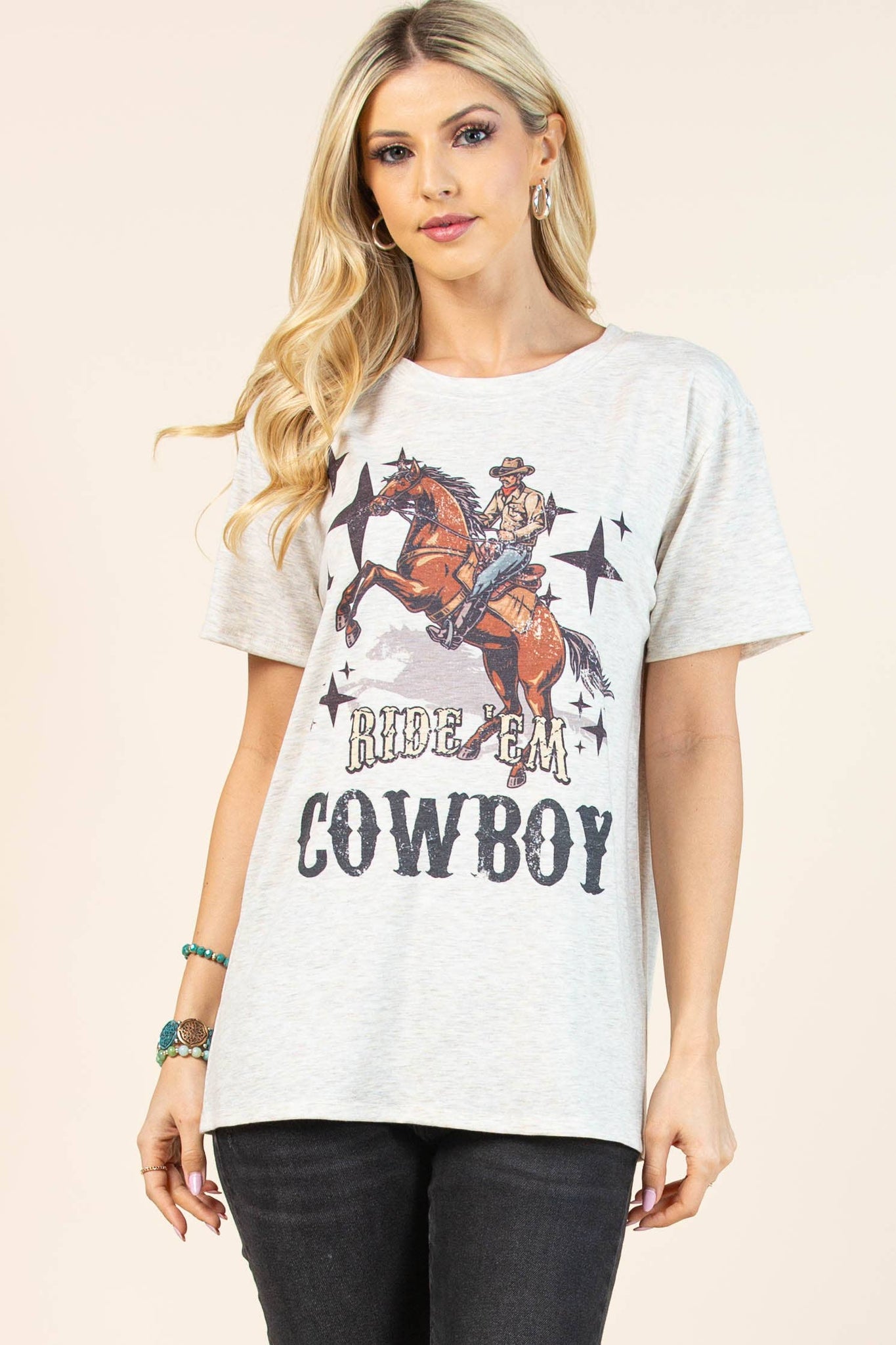 AV1205-PAMELA RIDE'EM COWBOY GRAPHIC T-SHIRT : Oatmeal/Multi / Contemporary