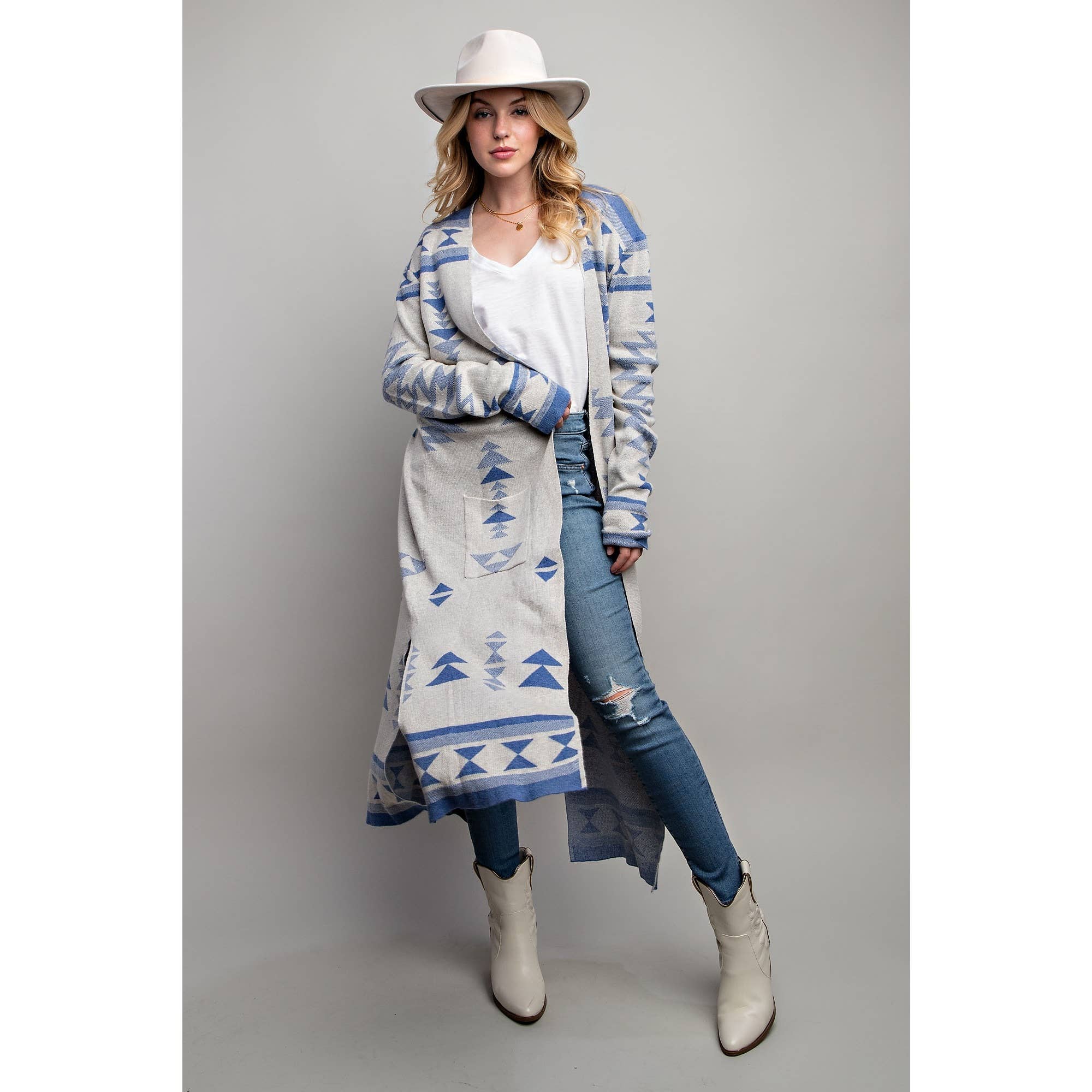 AZTEC PATTERN LONG CARDIGAN: Blue Multi