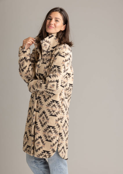 Women's Ainsley Long Ultra Plush Sherpa Shacket: Wood Ash Diamond Aztec