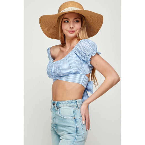 OFF SHOULDER PLEATED CROP TOP WITH BACK RIBBON TIE