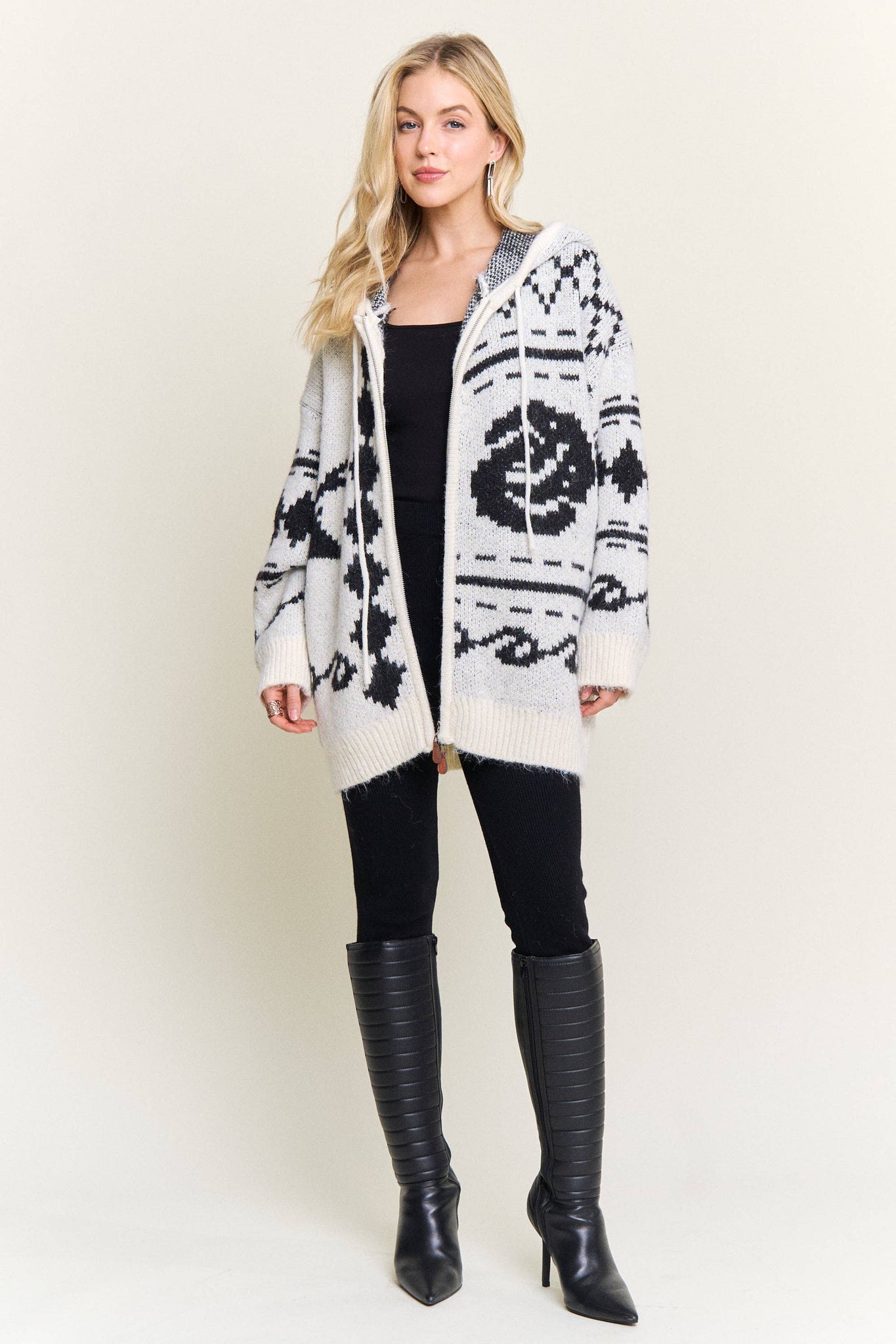 CESW4139-ZIP-UP AZTEC HOODED KNIT CARDIGAN:ONESIZE
