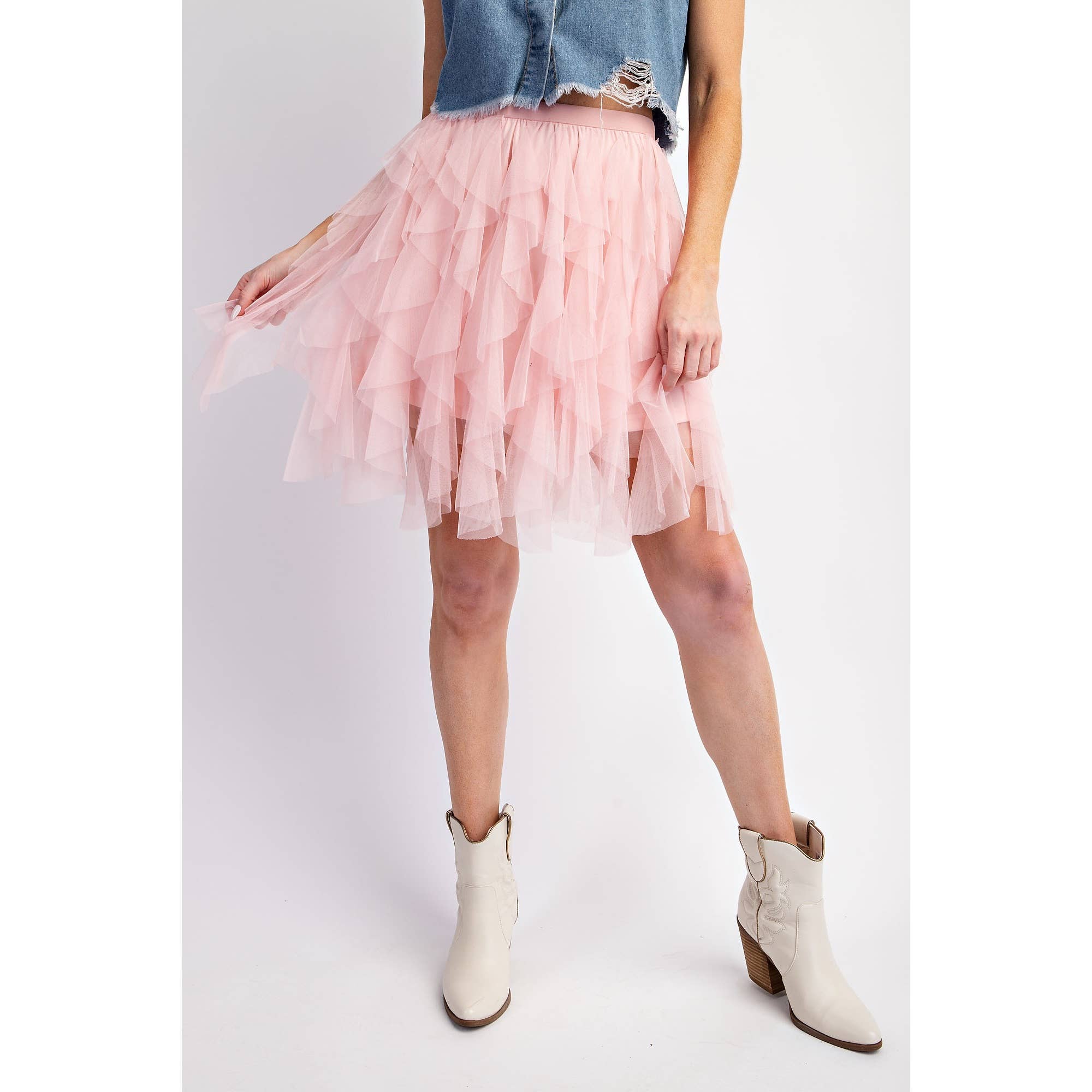 CASCADING TULLE MESH LAYERED MINI SKIRT:
