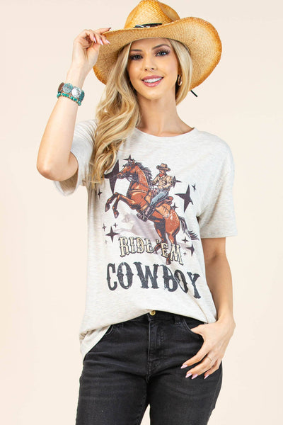 AV1205-PAMELA RIDE'EM COWBOY GRAPHIC T-SHIRT : Oatmeal/Multi / Contemporary