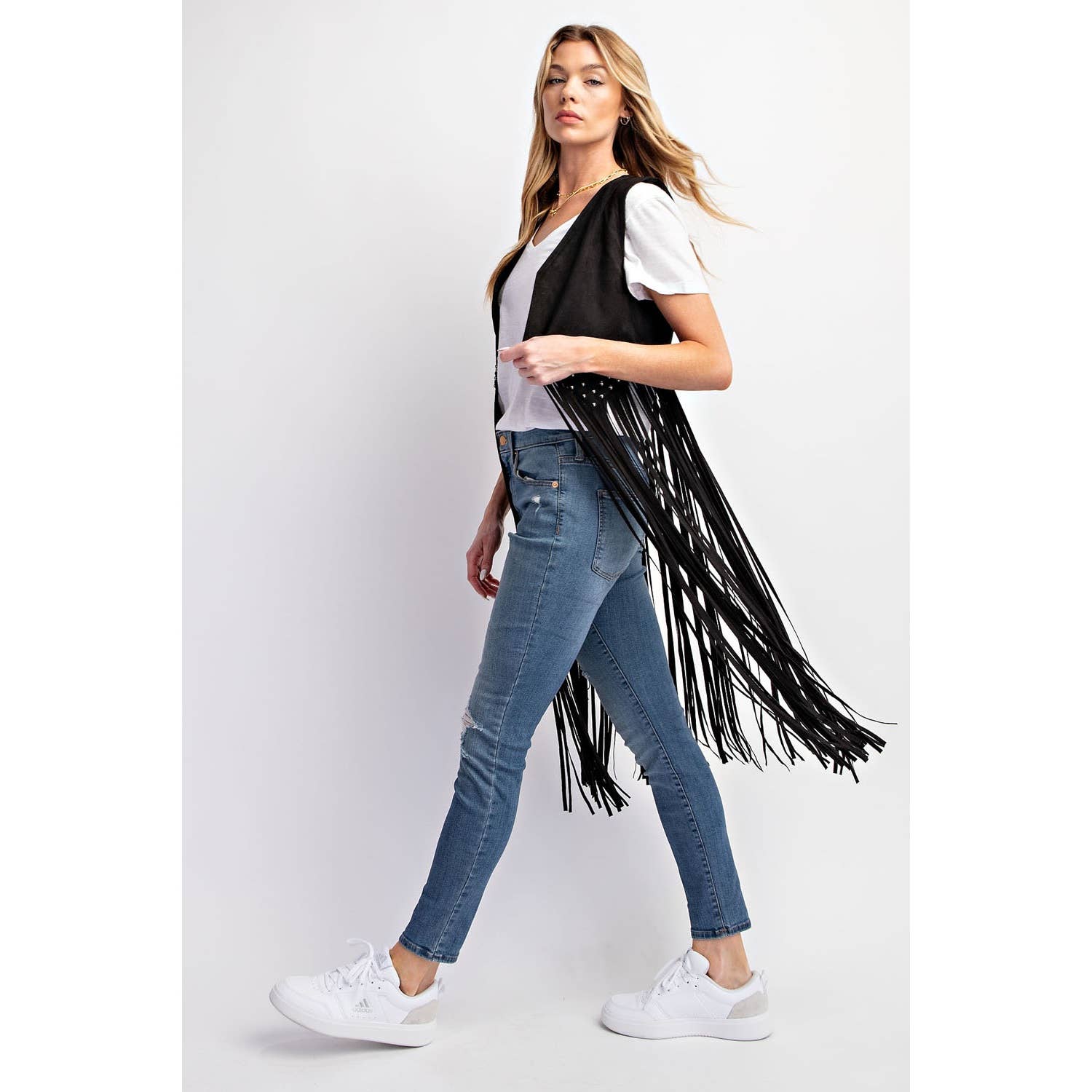 SUEDE STUDDED DETAIL FRINGE HEM VEST: Black