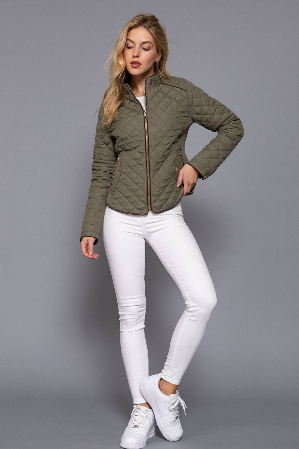 Suede Piping Detail Rib Quilted Padding Jacket