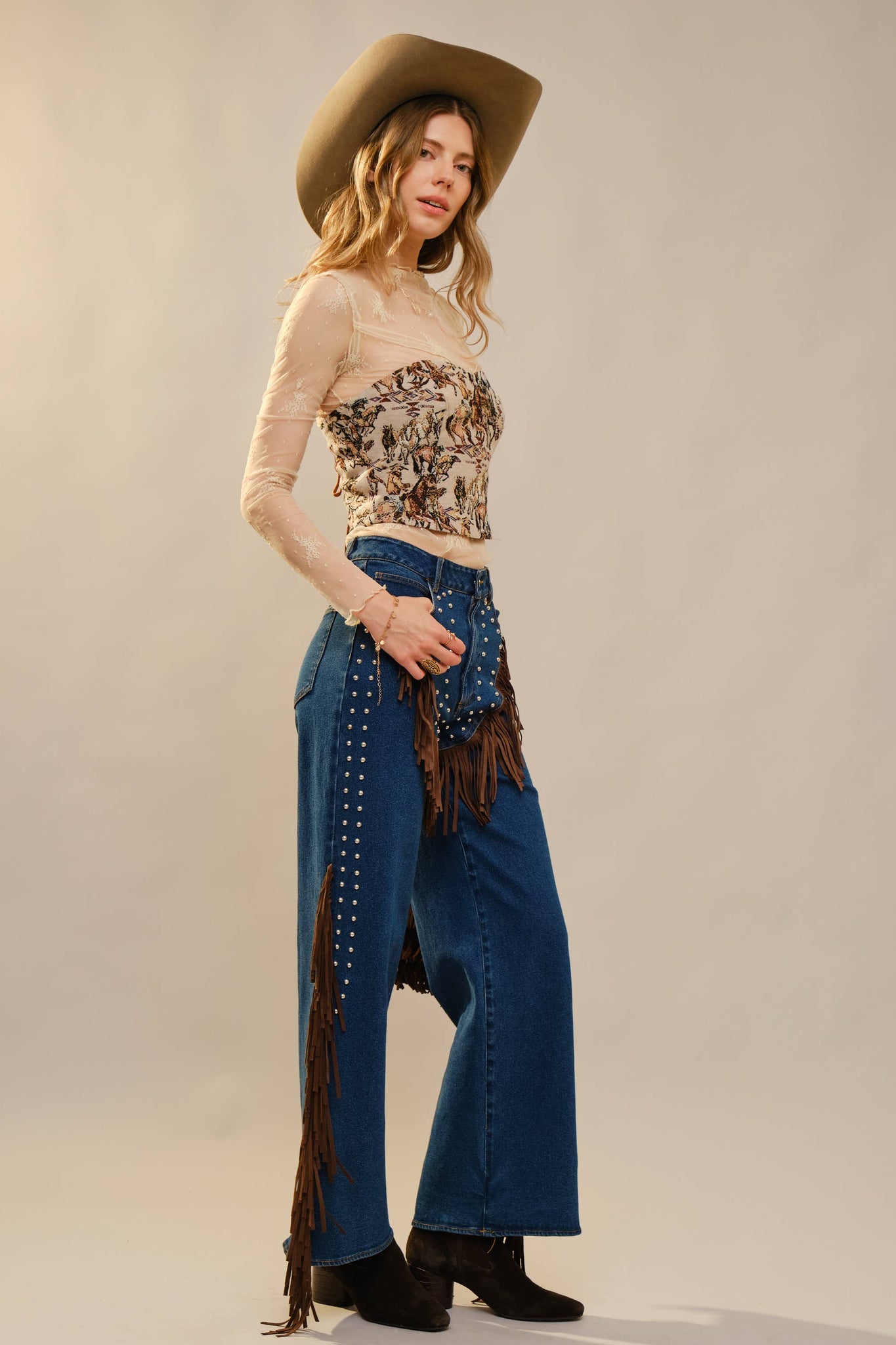 33158T - Horse Jacquard Lace-Up Corset Top: TAUPE MULTI