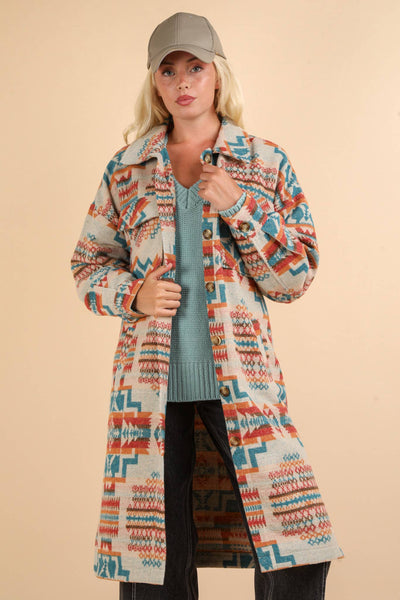 Aztec & Plaid Printed Shacket Jacket Coat: TEAL MIX