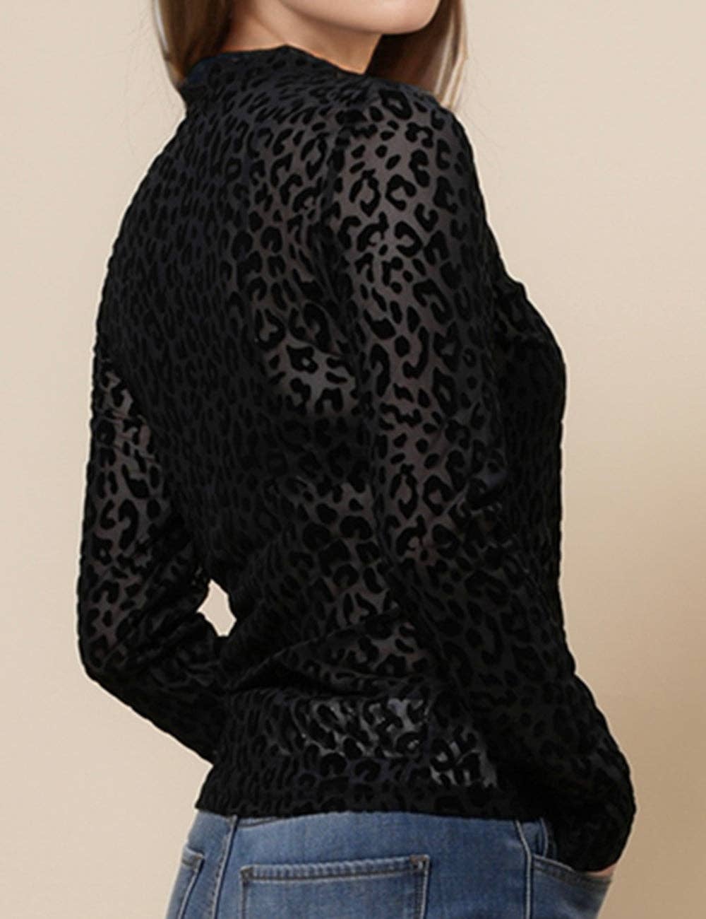 Ladies See Sheer Pullover Blouse Leopard Mesh Layering Top