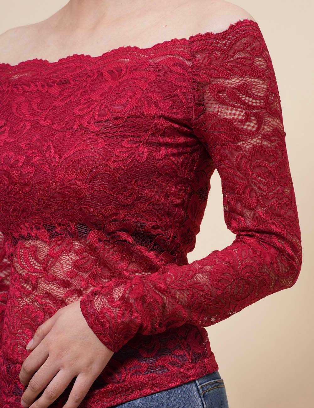 Ladies Floral Lace Off Shoulder See Sheer Layring Top