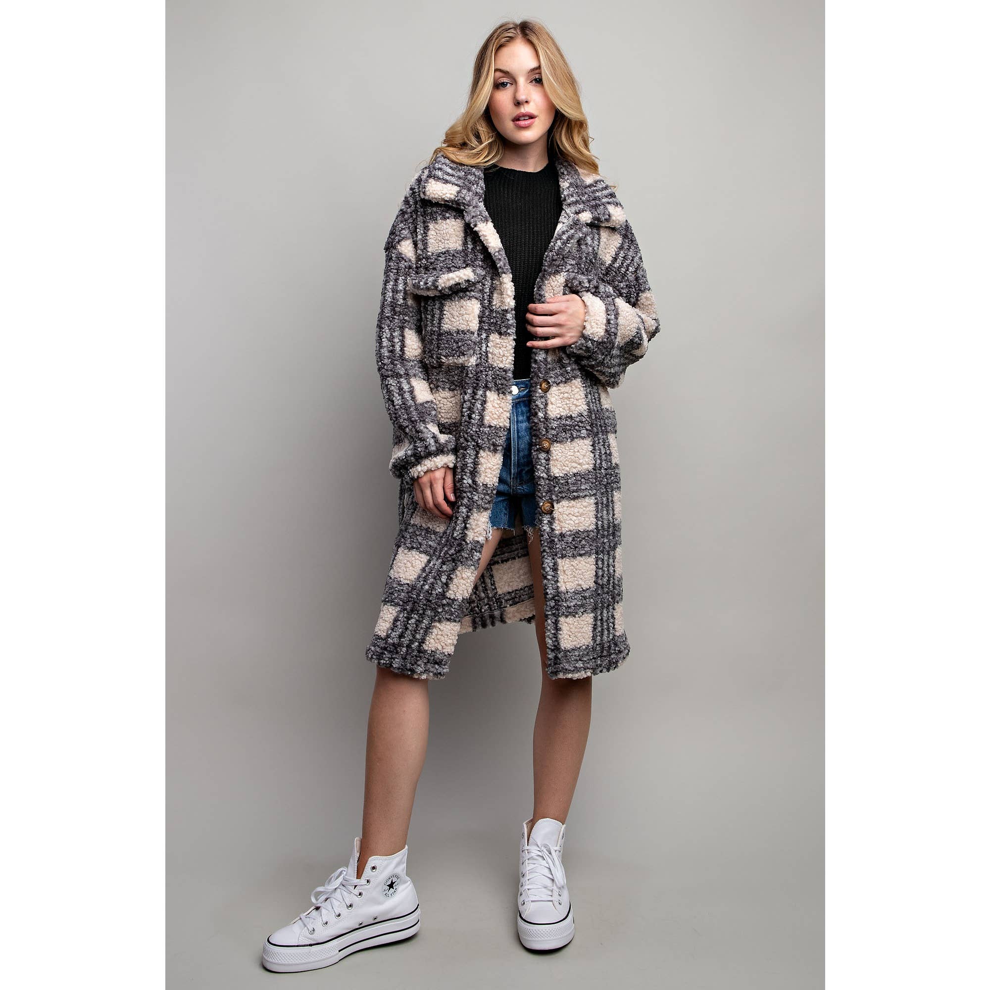 PLAID TEDDY OVERSIZE JACKET:Navy