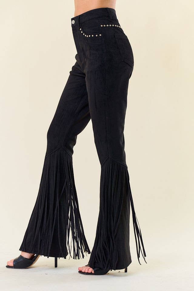 SIP6365A BLACK STUDDED FRINGED FAUX SUEDE PANTS