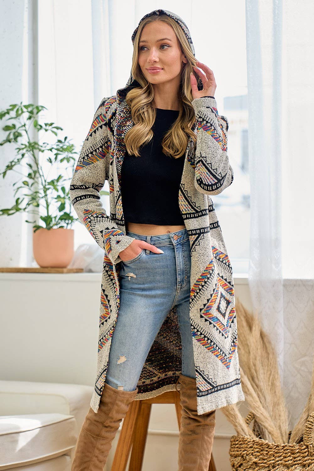 Rainbow Multi Diamond Long Sleeve Long Cardigan WITH HOOD
