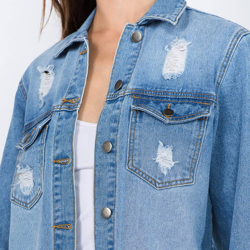 DISTRESSED DENIM SHIRT STYLE JACKET-RJK3661: LIGHT BLUE / L