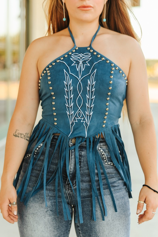 Teal Stretch Suede Halter Fringed Top W Boot Stitch