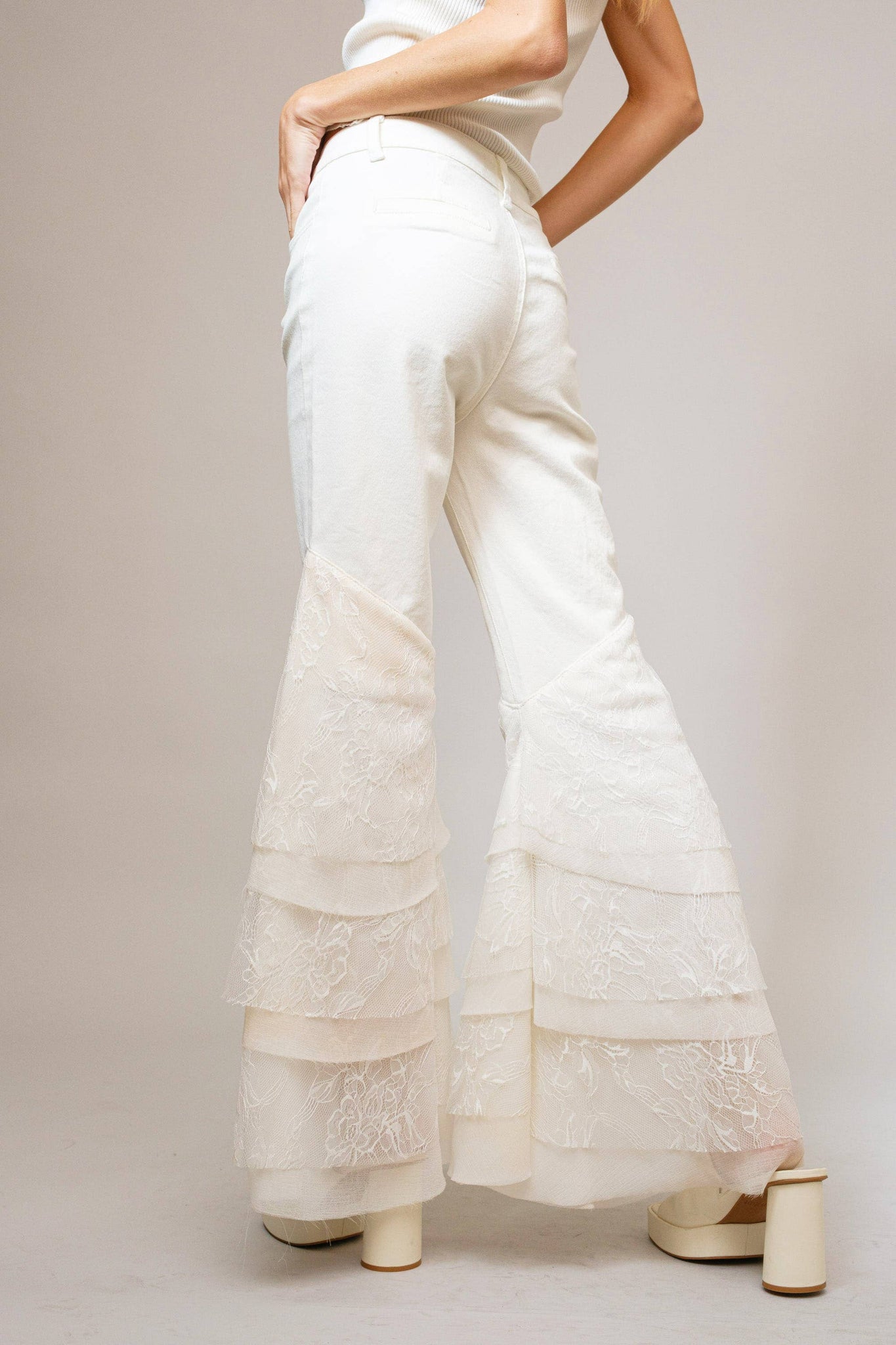 15503P - Mid Rise Lace Tiered Flare Denim Jeans: White