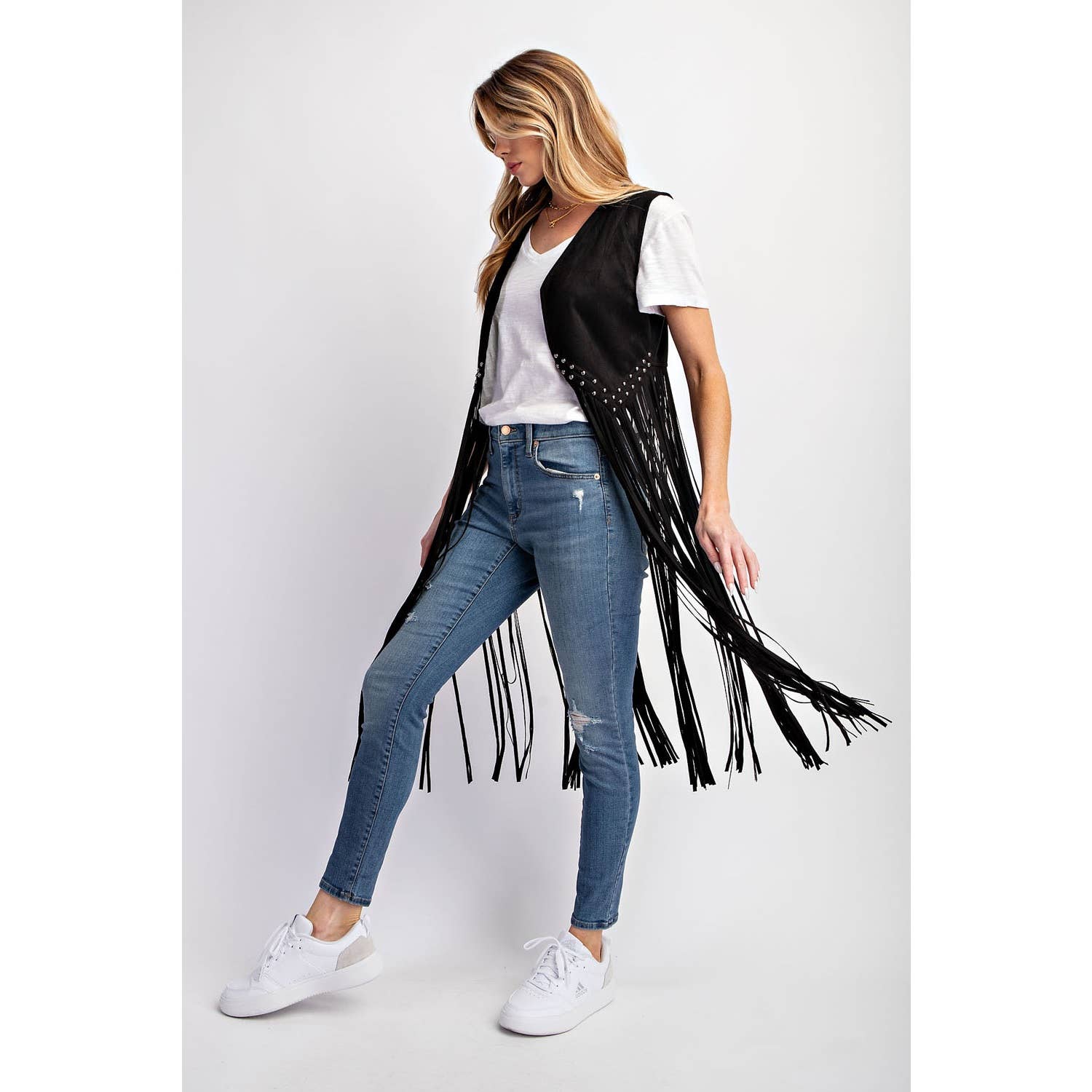 SUEDE STUDDED DETAIL FRINGE HEM VEST: Black