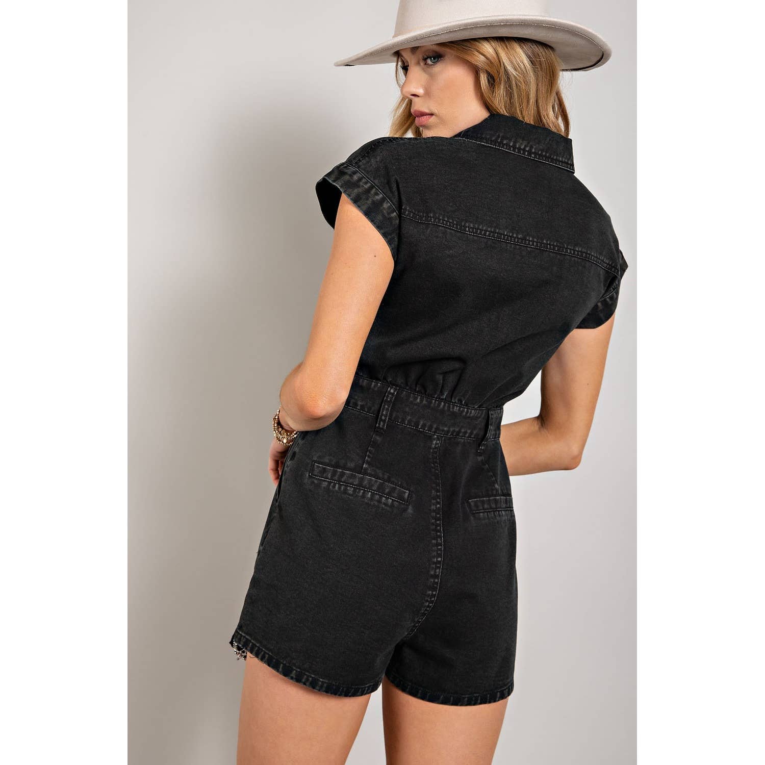 Denim Collared Button Down Romper - Black and White: Black