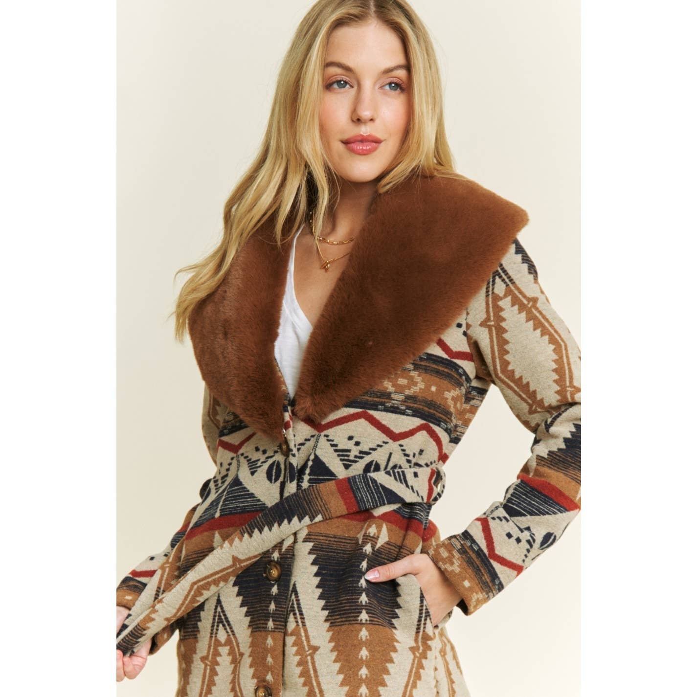 AZTEC JACKET SHACKET WITH CONTRAST FUR SHOWL COLLAR: Navy