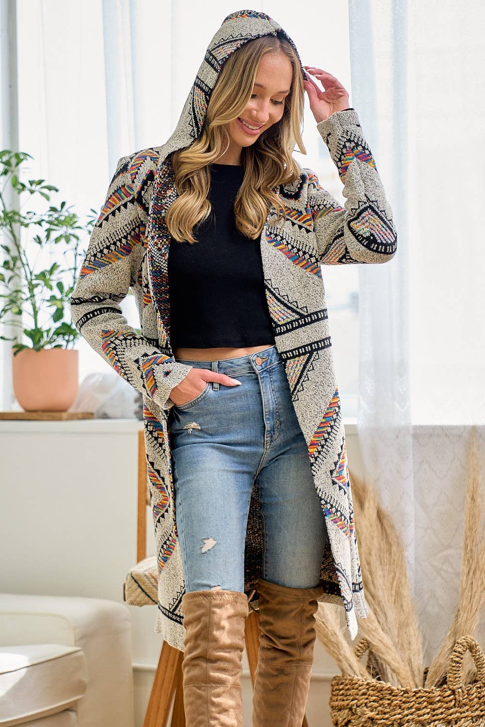 Rainbow Multi Diamond Long Sleeve Long Cardigan WITH HOOD