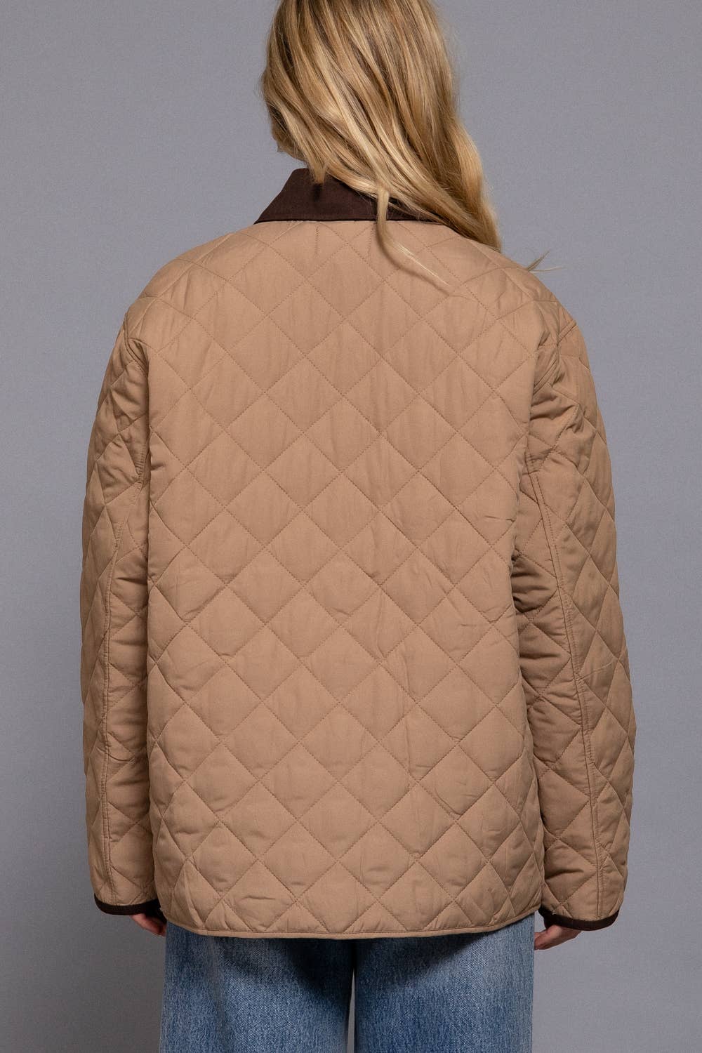 Long Sleeve Contrast Lapel Collar Quilted Puffer Work Jacket: