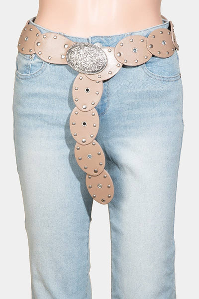 Embossed Oval Disc Link Faux Leather Belt: KA