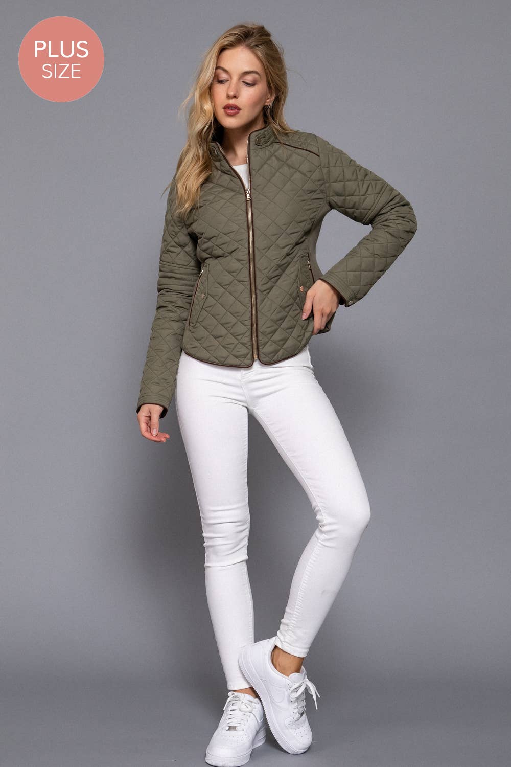 Suede Piping Detail Rib Quilted Padding Jacket: OLV-olive