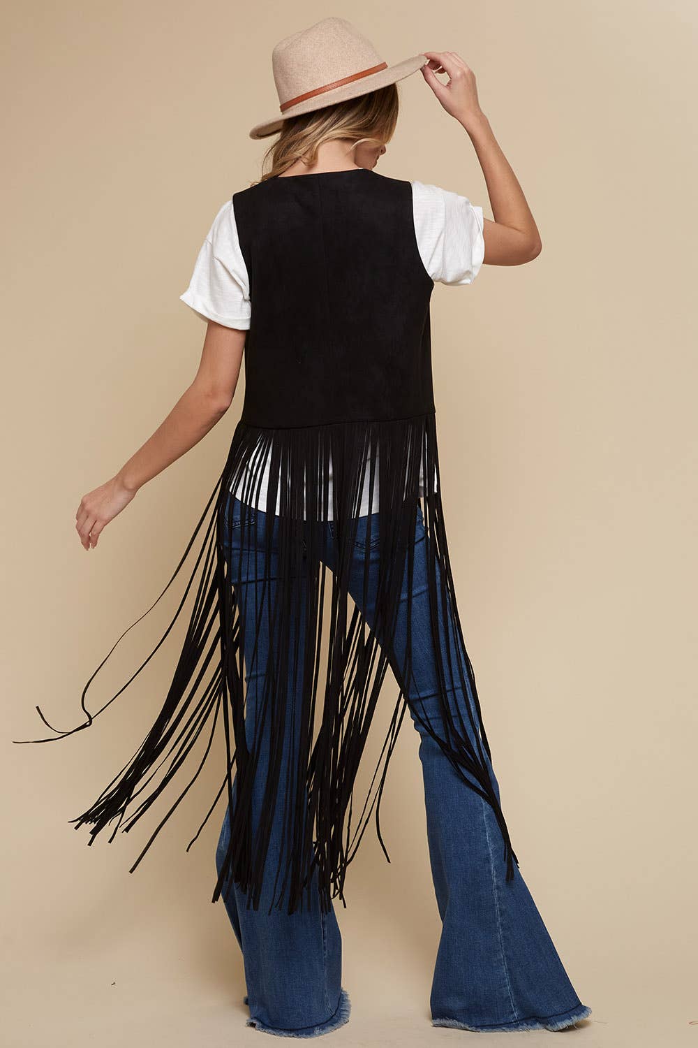 SIJ5201A BLACK LONG FRINGE FAUX SUEDE WESTERN  VEST
