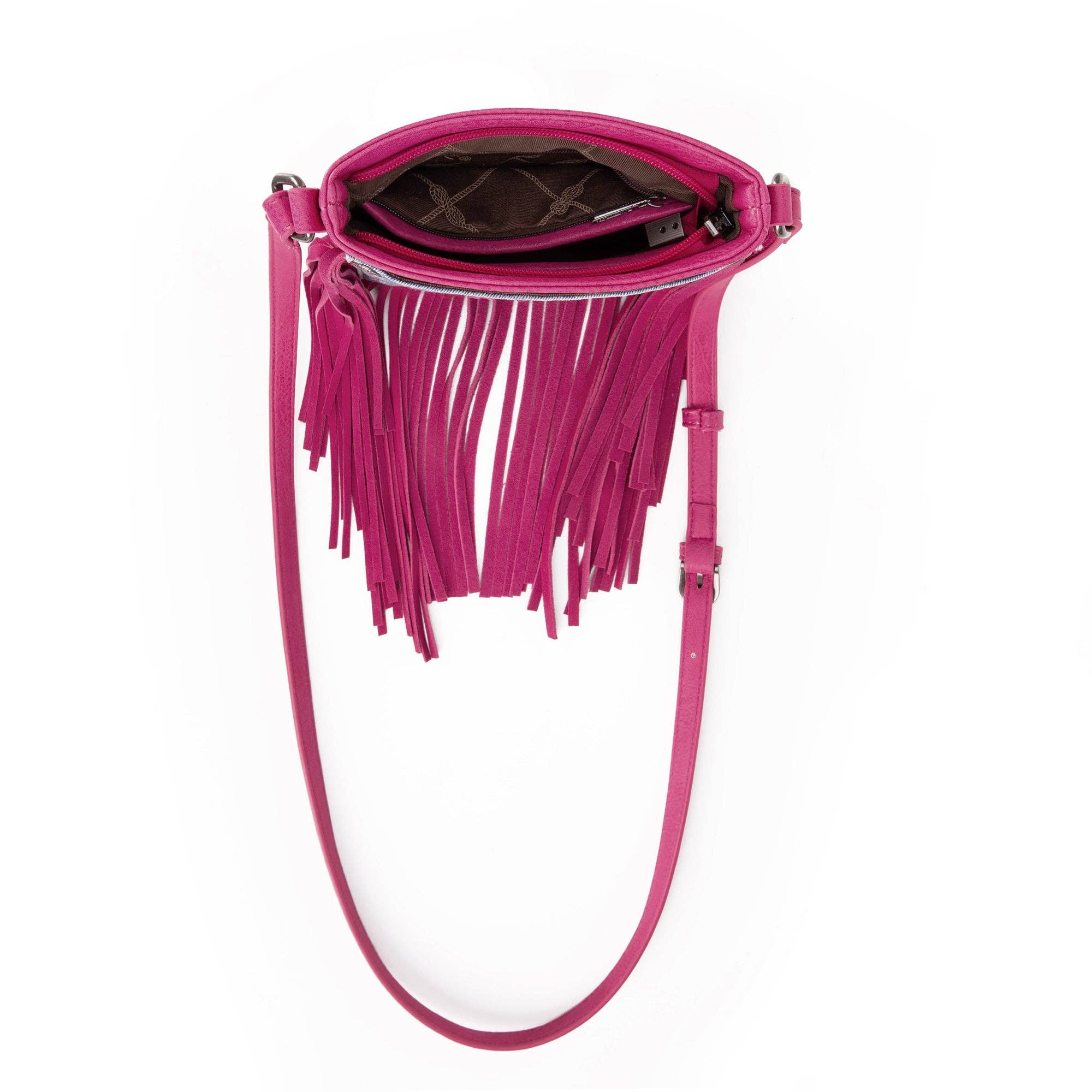 WG44-8360 Wrangler Leather Fringe Jean Denim Pocket Crossbody - Hot Pink: Pink