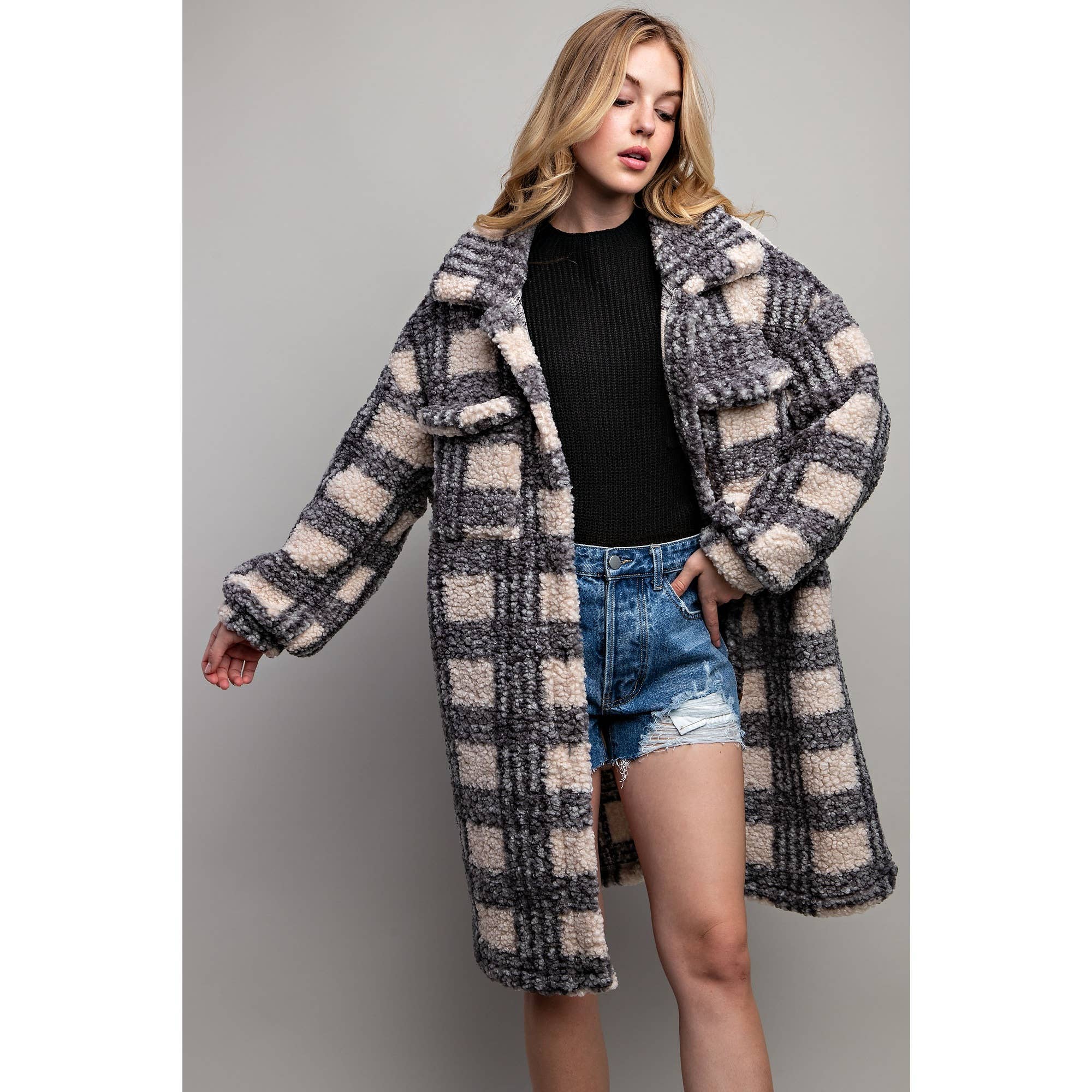 PLAID TEDDY OVERSIZE JACKET:Navy