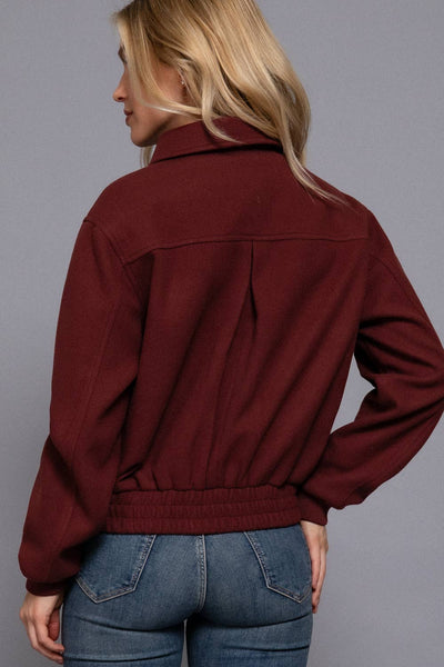 Long Sleeve Lapel Collar Soft Felt Bomber Jacket: MAROON