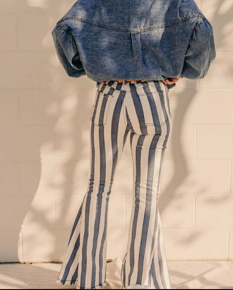 SIP6106C GREY STRIPE WESTERN DENIM BELL BOTTOMS: