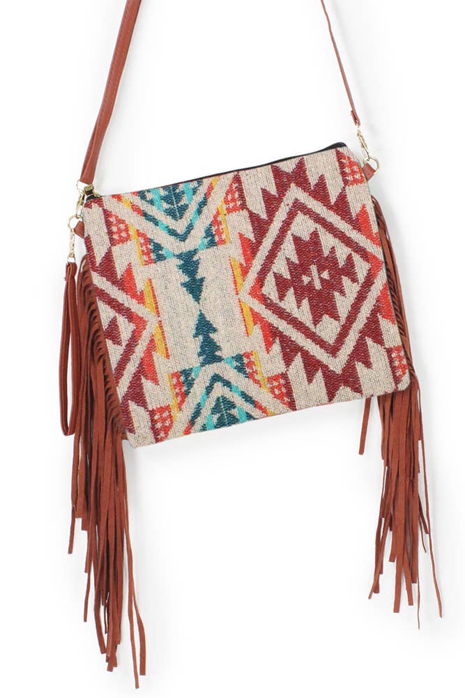 Aztec Pattern Tassel Crossbody Bag: Burgundy
