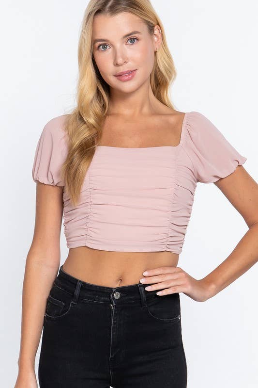 Straight Neck Ruched Cross Back Woven Top: Pnk-Dusty Pink