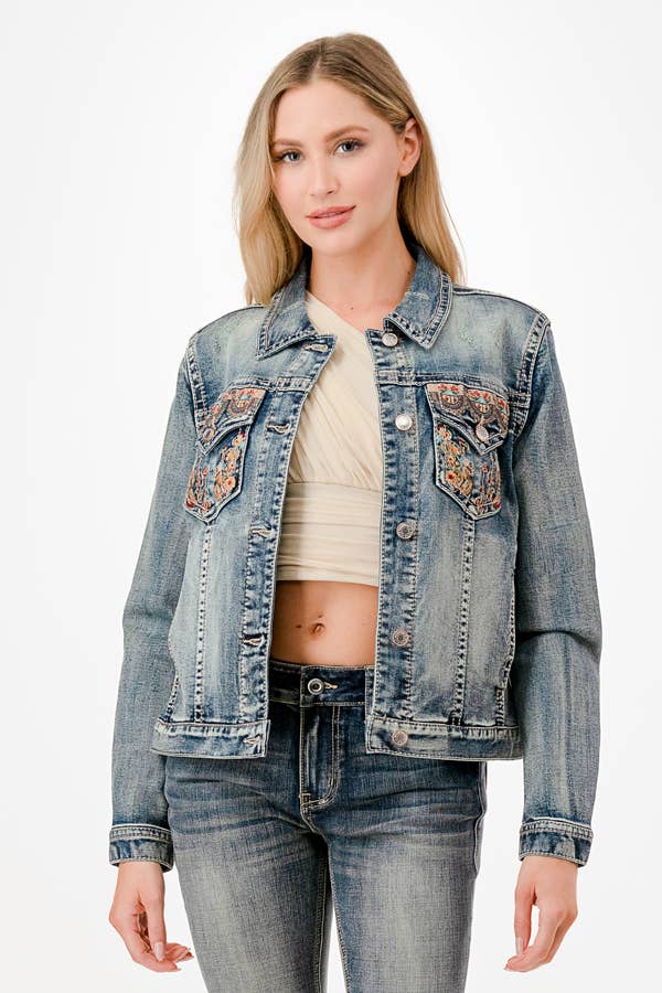 Floral Embroidery Detail Denim Jacket  | TE-61880:
